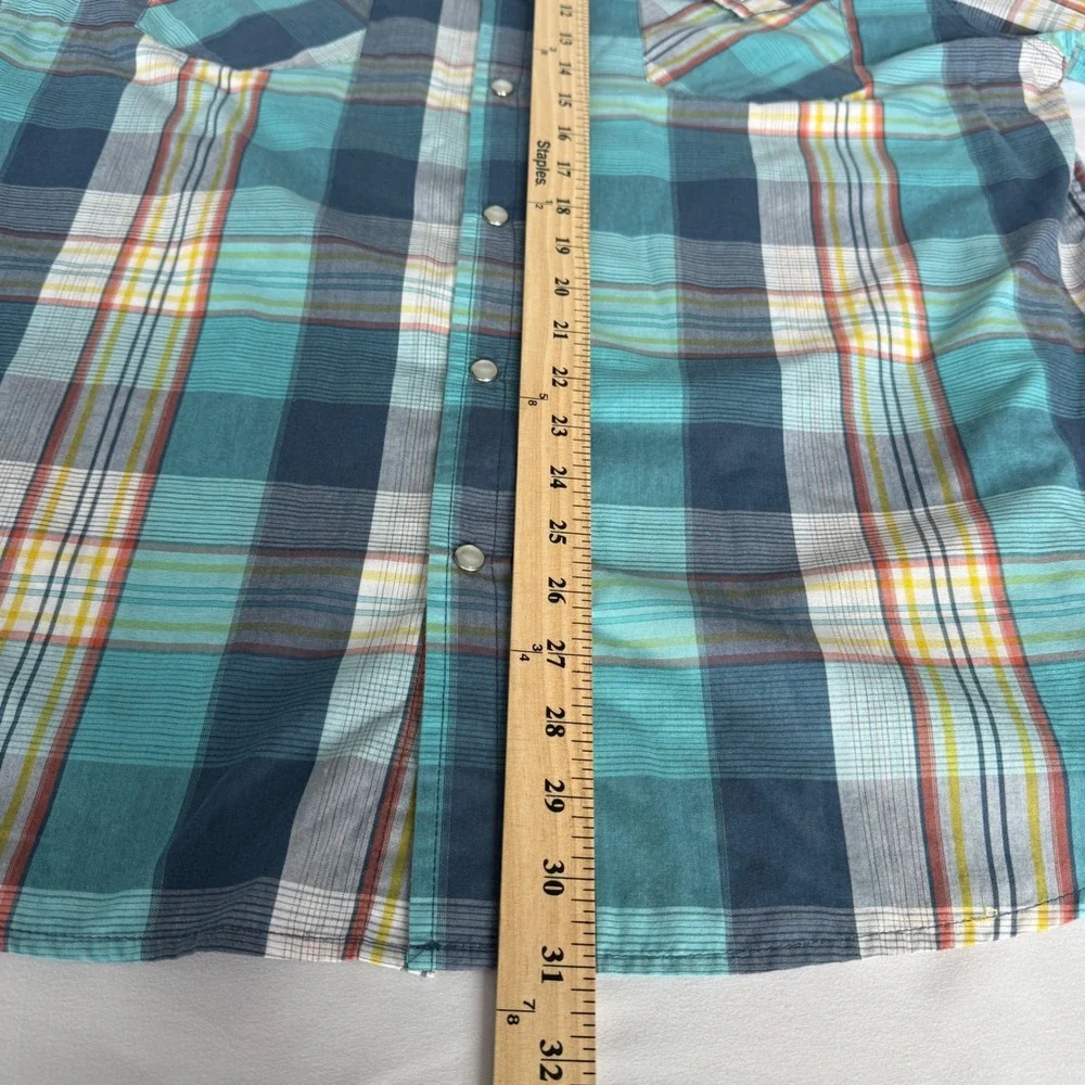 Vintage Levis Mens Western Pearl Snap Shirt Plaid Teal Blue Long Sleeve XXL